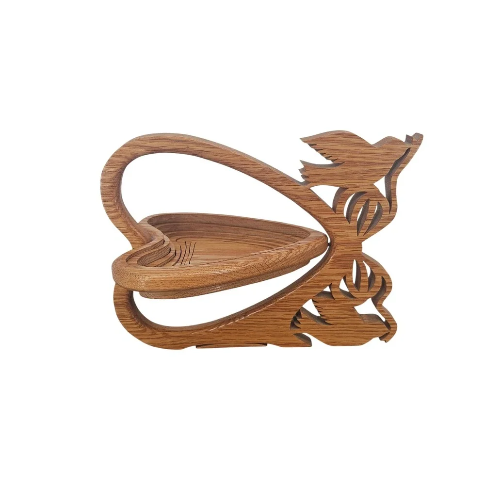 Handcrafted Collapsible Wooden Heart Fruit Basket Bird Motif Trivet Bowl